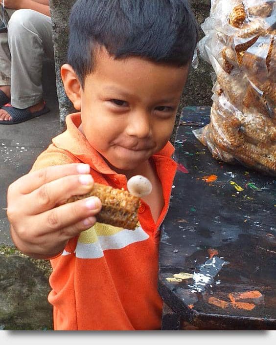 A photo of a child with mushrooms grown by his parents.